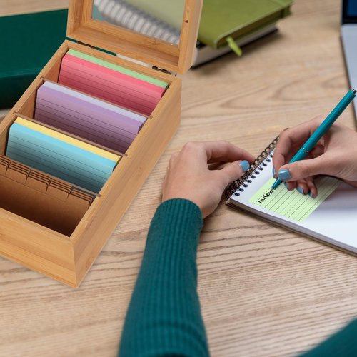 Bamboo Index Card Organizer - 3x5 Index Card Holder Box With Dividers - Wood Recipe Box With Lid - 4 Compartments For 1200 Cards - 5.9"W x 10"D x 4"H