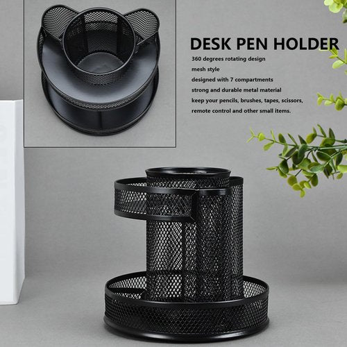 Rotating Pencil Holder, Black Metal Mesh Desktop Organizer Rotating Pen Organizer Desktop Storage Caddy for Home Office