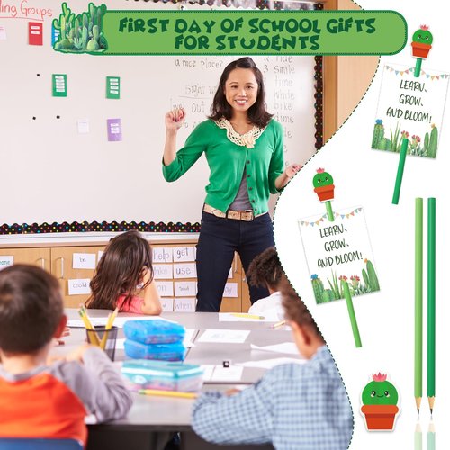 FYSUIMU 50 Sets Cactus Themed Gifts Back to School Gifts With Green Pencils Cute Cactus Erasers and Motivational Postcards for Students Bulk First Day of School Reward Party Favor
