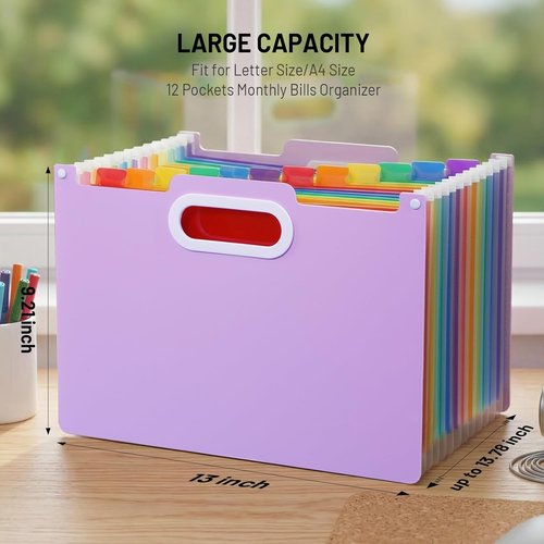 Comix Accordion File Organizer - 13 Pocket Expanding Folder for Home & Office | Purple A4 Size