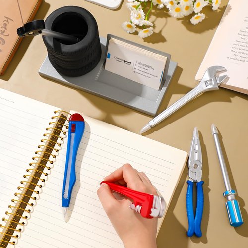Feifeiya 7 Pcs Novelty Tool Pens Set Tire Shaped Pencil Holder Business Card Holder Wrench Pens Car Salesman Gift Fun Tire Decor Mechanic Desk Accessories for Desk Office Men Car Lover(Black,Silver)