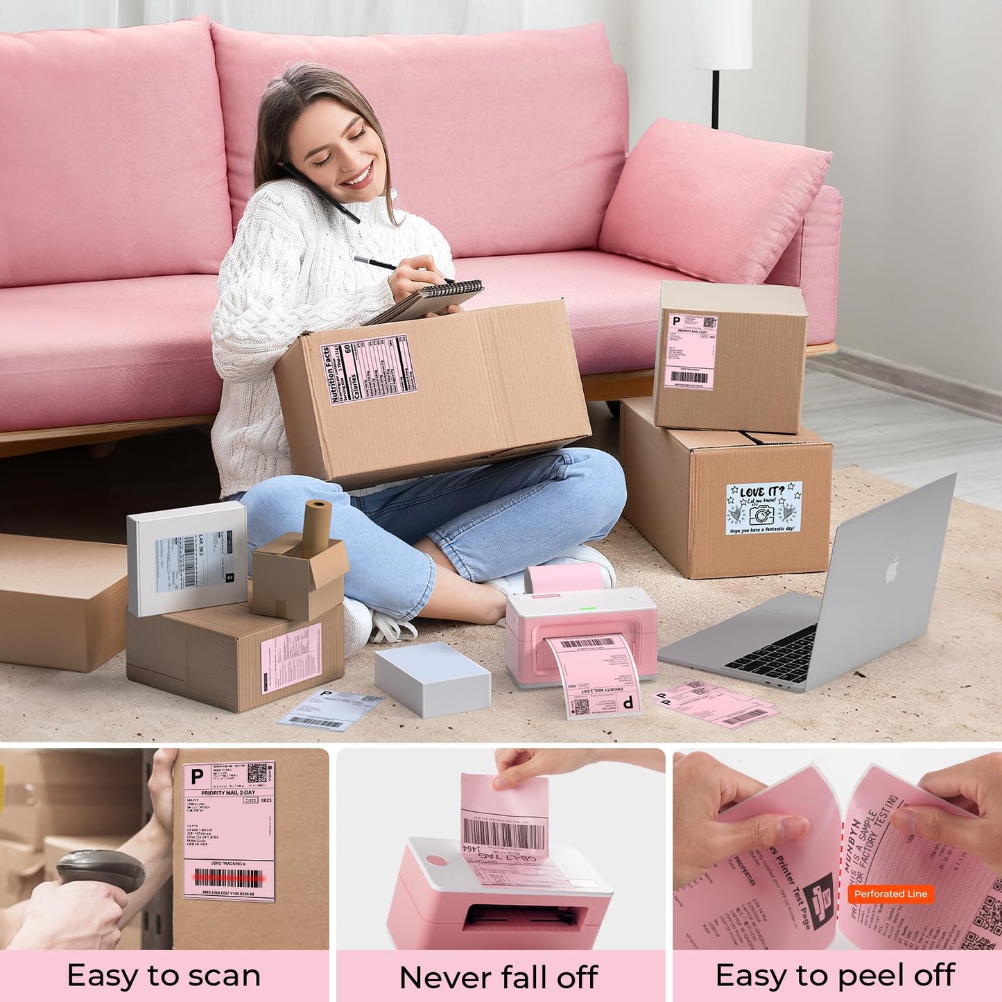 MUNBYN 4"x6" Pink Direct Thermal Shipping Labels, Commercial Grade Permanent Adhesive Fanfold Mailing Postage Label Paper for Thermal Printers and Packages, 500 Sheets per Stack