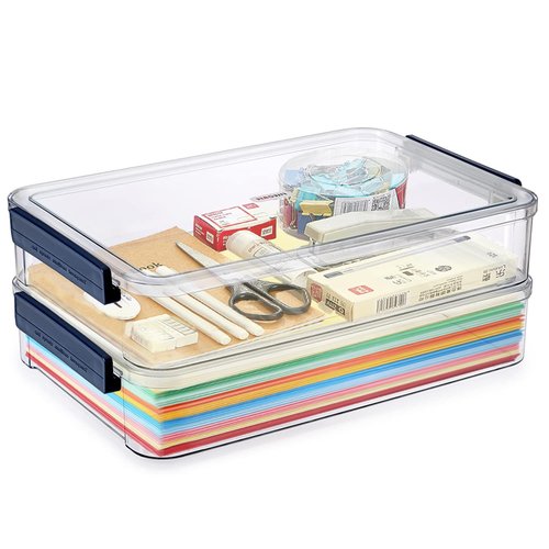 2 Pack 5.5qt 9 x 13 Clear Plastic Storage Box with Snap-Tight Latch, Stackable Organizer Container for A4 Files, Photos, Documents, Scrapbook, Crafts, and Art Supplies,Clear Storage Box With Lids