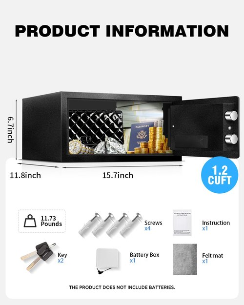 TOTOY 1.2 Cu Ft Small Safe Box For Home Documents with Emergency Battery Box - Steel Fireproof Security Safe Lock Box with Electronic Keypad, LED Sensor Light- Safety Box For Cash, Jewelry, Valuables
