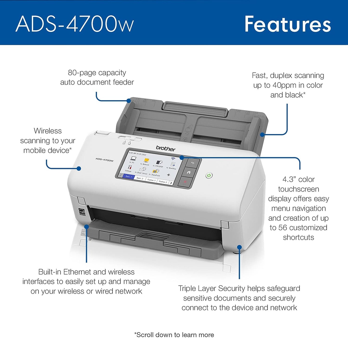 Brother ADS-4700W Professional Desktop Scanner with Fast Scan Speeds, Duplex, Wireless, and Large Touchscreen, White