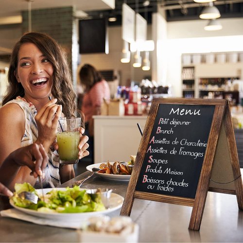 Rustic Whitewash Double-Sided Chalkboard | 7.5" x 8.6" Tabletop Easel with 8 Liquid Chalk Markers for Menu & Home Decor