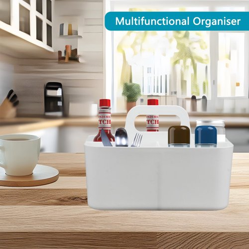 giteo bedding Desk Organizer with Handle, 2 Pcs Plastic 5-Compartmen Storage Caddy, Stackable Portable Container for Office, Bathroom, Craft, Cupboards (White)