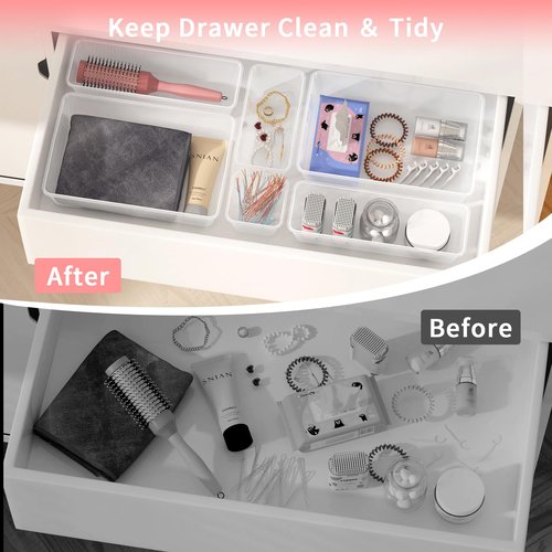Lulltou 25 PCS Plastic Drawer Organizer Set, 4-size Clear Bathroom and Vanity Desk Drawer Organizer Trays, Non-Slip Versatile Storage Bins for Makeup Jewelry Office Kitchen Gadgets