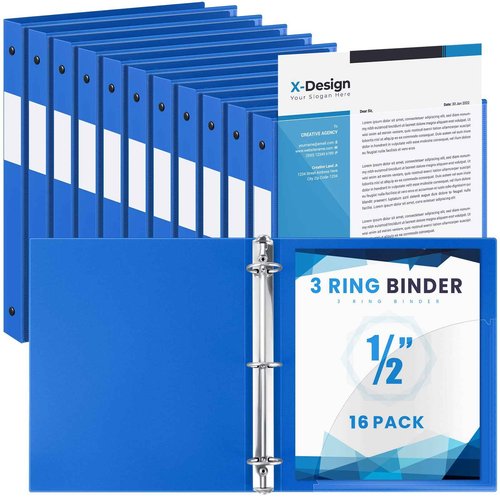 Henoyso 16 Pcs 1/2 Inch 3 Ring Binder with Clear Cover Plastic Flexible Fit Letter Size 8.5" x 11" Paper Holds 100 Sheets Versatile Binders for School Office Home,1 Pocket (Blue)