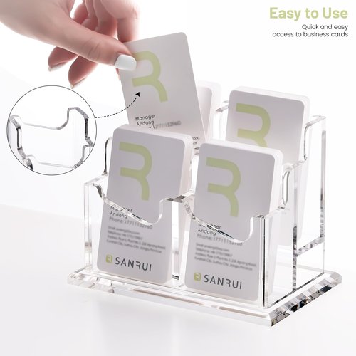 SANRUI Clear Acrylic Business Card Holder 2Tier Vertical Cards Display with 4 Slots Organizes Up to 200 Cards Professional Card Organizer for Men & Women Perfect for Office, Home & Exhibition