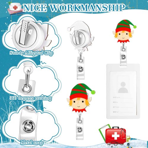 Qilery 50 Pcs Christmas Badge Reel Retractable Christmas Badge Holder Bling Holiday Reels Glitter Xmas Acrylic ID Name Holder with Alligator Clip for Workers Nurses