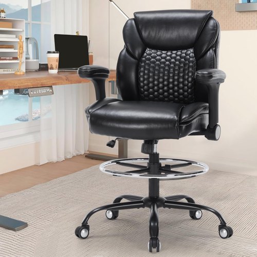 Drafting Chair, Ergonomic Tall Office Chair with Soft Adjustable Armrests and Foot Ring, Standing Desk Chair PU Leather High Office Chair for Counter Height Desk, Swivel Computer Stool, Black