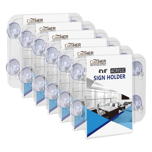 CiaoHER Acrylic Sign Holder 4 x 6, Clear Acrylic Frames Glass Window Wall Mount Advertising Signage Sign Holder with 4 Suction Cups for Mall, Office, Home, Restaurant, Vertical（6 Pack）