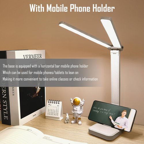 kvppvt LED Double Head Desk Lamp, Rechargeable Portable Table Lamp, Adjustable Light Color and Brightness, USB Powered, LED Light for Work, Reading, Emergency (White)