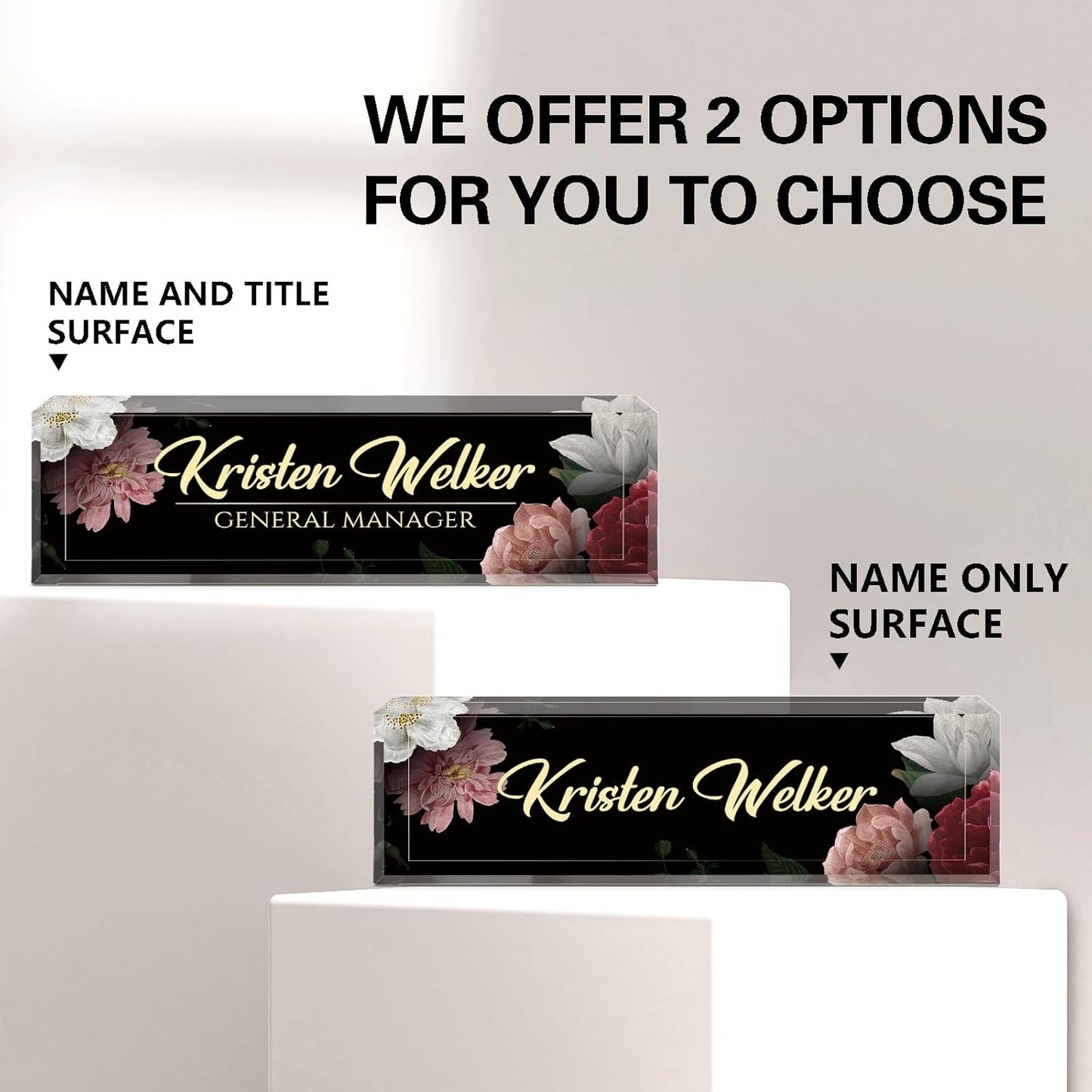 Skiennix Personalized Desk Name Plate - Elegant Acrylic Office Decor for Professionals | Black Floral Design