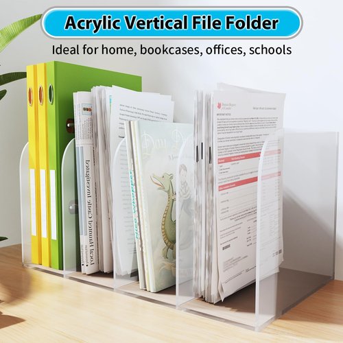 Jumyee Acrylic File Organizer, Clear Desk Organizer Workspace Sorters, Magazine Binder Holder with 4 Vertical Compartments Bookshelf for Desk Home Office