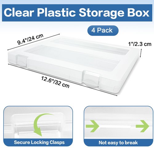 Seuqhck 4 Pack Organizer Box for A4 Paper, Plastic Scrapbook Paper Organizer Stackable Document Holder with Secure Locking Clasps for Photos, Craft and Arts, Home, Office, Studio, 12.5 x 9.5 x 1 Inch