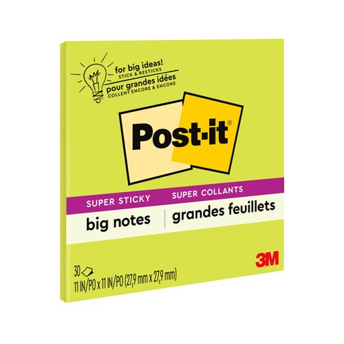 Post-it Super Sticky Big Notes, 11 in x 11 in, 1 Pad, 2X The Sticking Power, Neon Green (BN11G) (Pack of 6)
