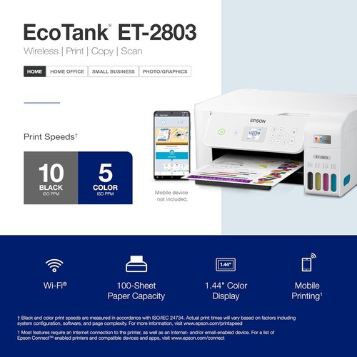 Epson EcoTank ET-2803 Wireless All-in-One Printer - Cartridge-Free, Scan & Copy, AirPrint Enabled