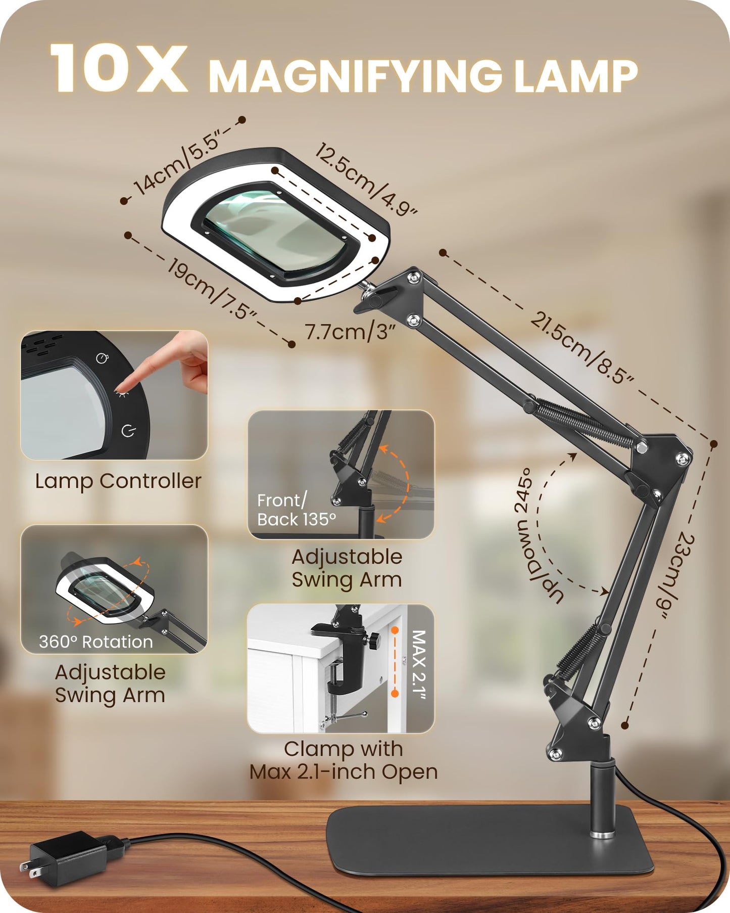 GOEBLESON 10X Square Magnifying Glass with Light and Stand, 2-in-1 LED Lighted Desk Lamp & Clamp, 5 Color Modes Stepless Dimmable, Hands-Free Magnifier Desk Lamp for Reading Craft Close Work B01DL05