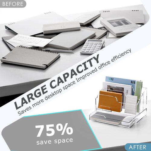 SANRUI Acrylic Desktop File Organizer Mail Sorter Box with Drawer, 3 Compartments Clear Office Accessories Paper Storage Holder, Multifunction Envelope Letter Folder Racks for Office,Home, School