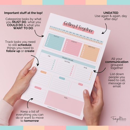 Brain Dump Notepad, To Do List Desk Pad, Productivity Planner, ADHD Daily Planner | 50 Undated Tear Away Sheets A4
