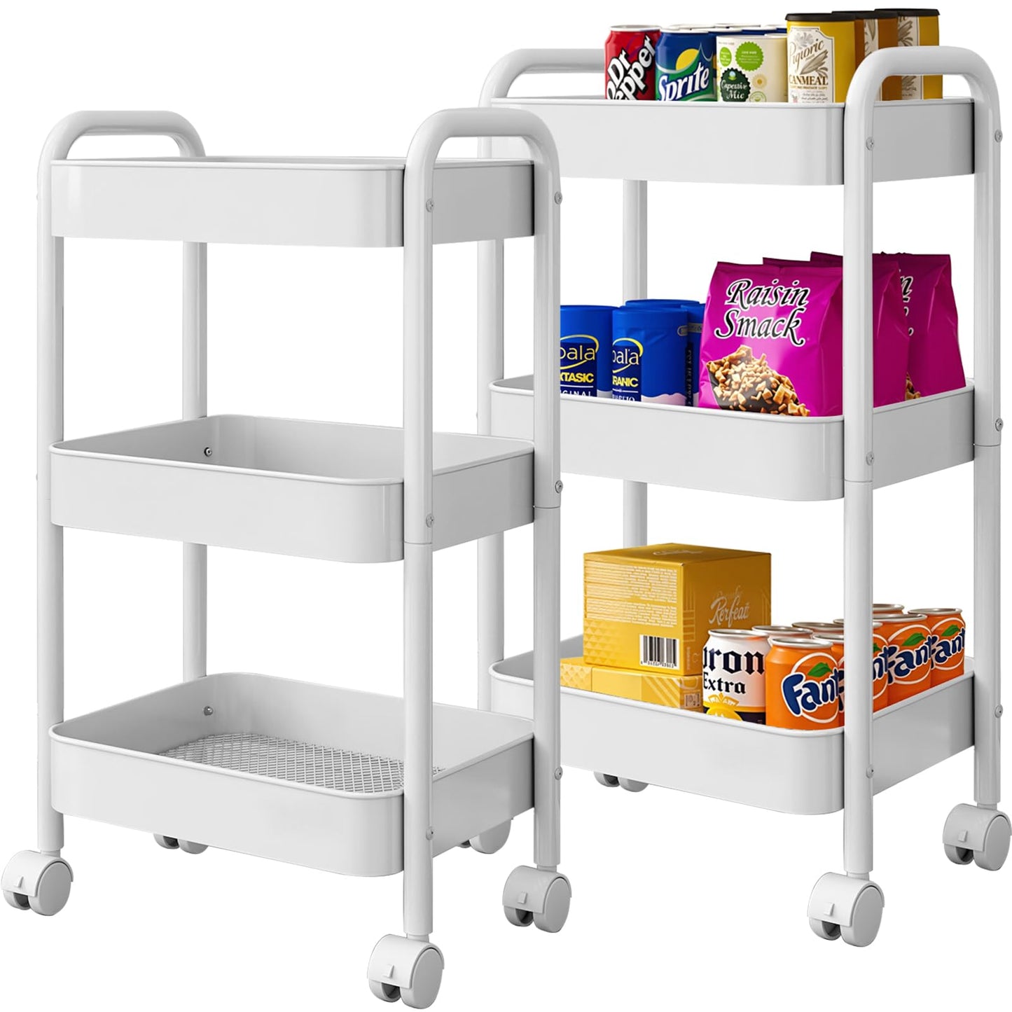 DKALIO 3 Tier Metal Rolling Cart, Heavy Duty Utility Storage Organizer with Lockable Wheels, Mobile Utility Cart for Livingroom, Bathroom, Kitchen, & Narrow Places, White