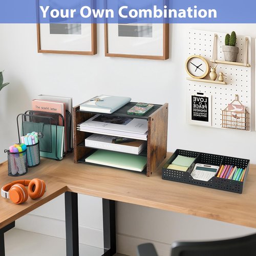 AUPSEN Desk Organizer and Accessories, Wood Desk Organizer with 5 Upright Sections and Drawer, Office Organization and Storage with Vertical File Holders, Office Desk Accessories