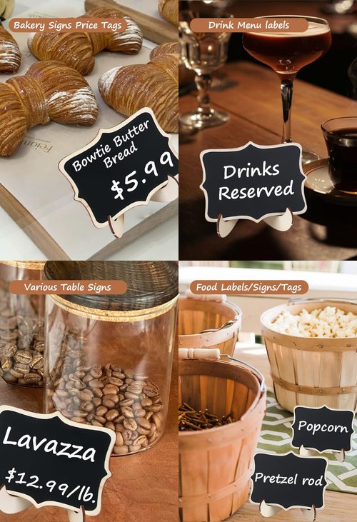 Herda 18 PCS Mini Chalkboard Signs with Easel Stand, Wooden Blackboard Labels for Wedding Celebration, Name/Place Cards, Food Labels for Party Buffet, Reusable Signs/Message Boards/Table Numbers etc.