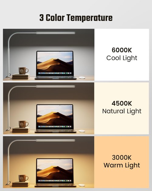 SUPERDANNY Eye-Caring LED Desk Lamp 360° Flexible Gooseneck Work Lamp with Desk Side Clamp Touch Control 3 Light Colors Smooth Dimming Task Lighting Reading Light for Home Office College Dorm, White