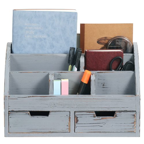 MyGift Dark Gray Wood Desk Organizer, Includes 6 Compartments and 2 Pullout Drawers to Organize Office Supplies and Accessories