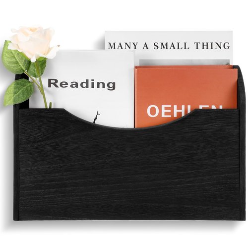 Suzile Wall Mounted File Holder Wood Magazine Holder Wall Hanging File Organizer for Office Mail Magazine Letter Paper Folder Organization (Black)