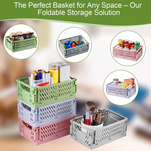 HUUSMOT 4-Pack Small Pastel Plastic Storage Baskets, Collapsible Crates for Organizing, Space-Saving Mini Bins for Classroom, Kitchen, Office, Bedroom (9.8" x 6.5" x 3.8")