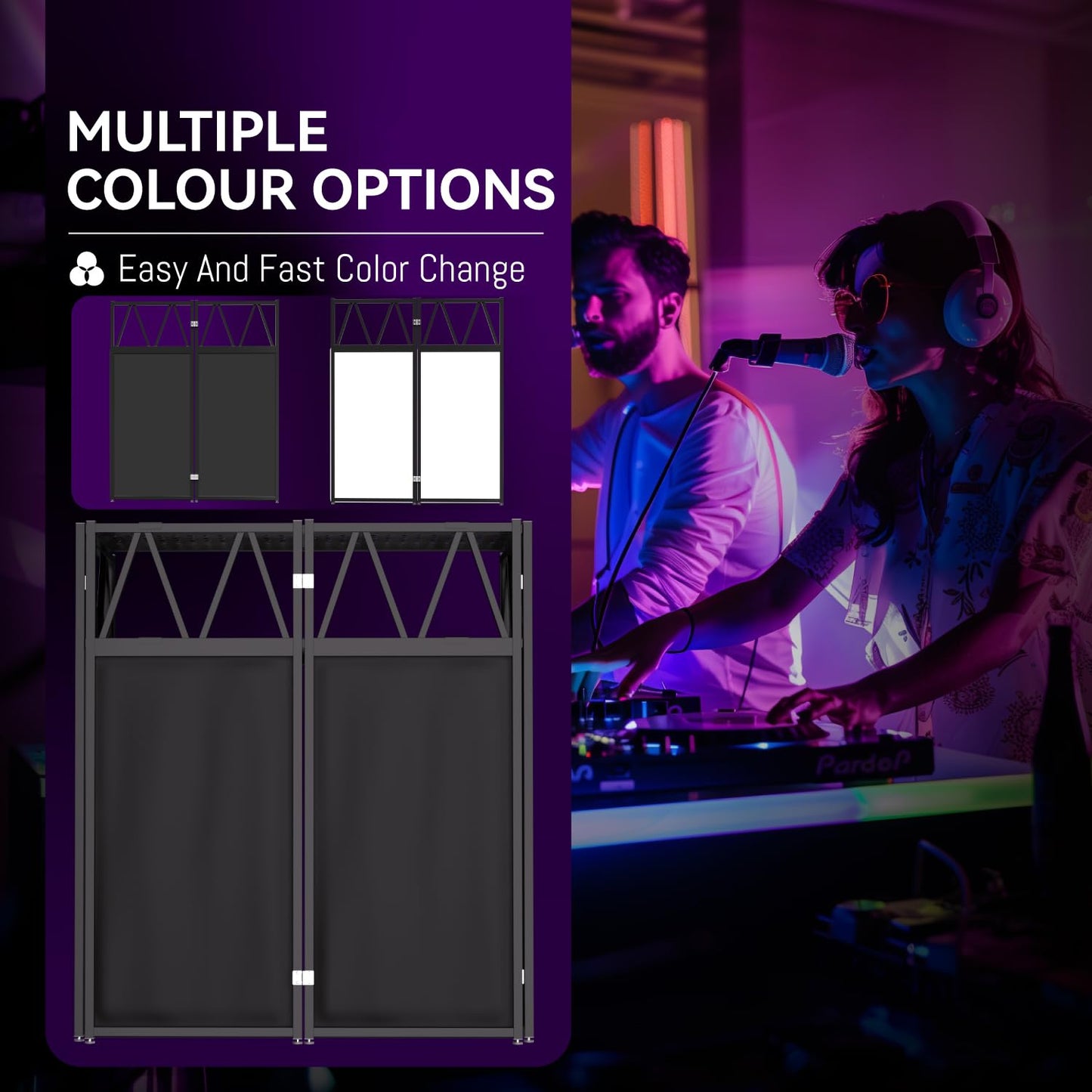 RDCMKL DJ Table Stand Portable Booth, All-Metal Heavy-Duty Foldable DJ Stand, Iron Plate Surface DJ Facade Booth, with 8 Machine-Washable Scrims, Travel Bag