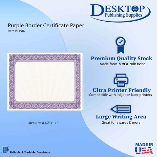 Purple Border Blank Certificate Paper - Bulk 500 Pack - 8.5" x 11" Certificates for Printer Awards