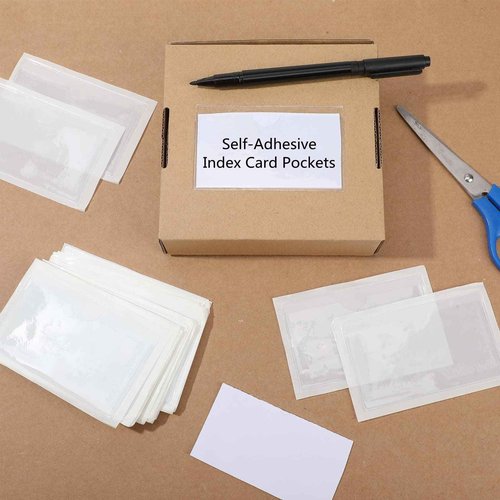 Outus 500 Pack Self Adhesive Index Card Holder Clear Plastic Label Pockets with Top Open for Loading Sticky Business Card Sleeves for Storage Bins Library Organizing Photo Protecting(4.06 x 2.48 Inch)
