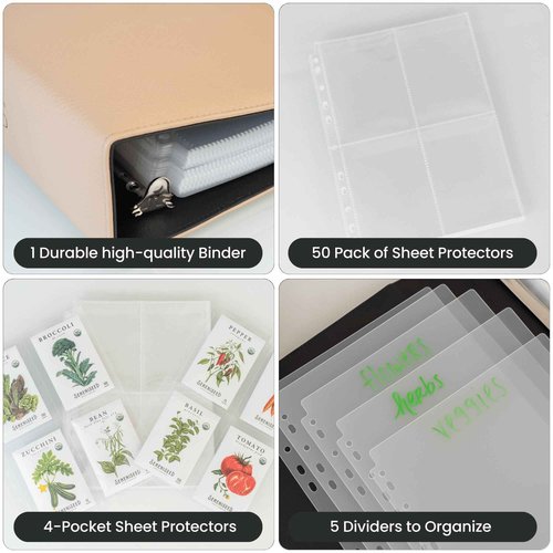 Seed Storage Binder – Seed Packet Organizer w/50 Sheet Protectors & Protective Flap-Top Inserts Stores 200 Envelopes Binder w/5 Dividers for Sorting Seeds & Gardening Supplies