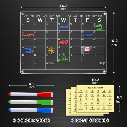 Acrylic Magnetic Calendar for Refrigerator - Reusable Dry Erase Board with Stickers & Marker, Family Organizer, Kids Activity, Acrylic, Shatterproof, Strong Magnets