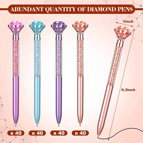 Sherr 160 Pack Big Crystal Diamond Pens Cute Ballpoint Pens Retractable Ballpoint Gem Pens Rhinestones Crystal Bling Plated 4 Color Black Gel Ink Office Supplies Gifts for Women