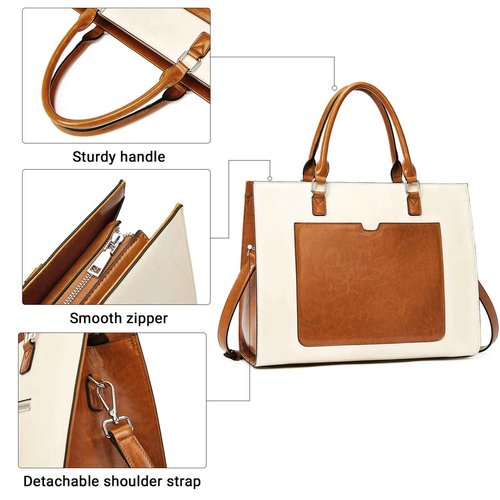 BROMEN Womens Briefcase Leather 15.6 inch Laptop Shoulder Bag Business Tote Handbag Brown with Beige