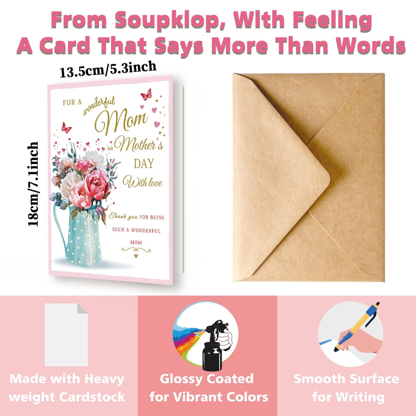 Soupklop Sentimental Mother's Day Card for Mom, Happy Mother's Day Mom Card, Beautiful Floral Mothers Day Gift for Mom from Daughter or Son