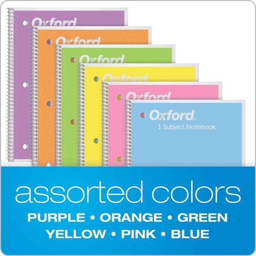 Oxford Spiral Notebook, 1 Subject, College Ruled Paper, 8 x 10-1/2 Inch, Pastel Pink, Orange, Yellow, Green, Blue and Purple, 70 Sheets (63756)(Pack of 48)