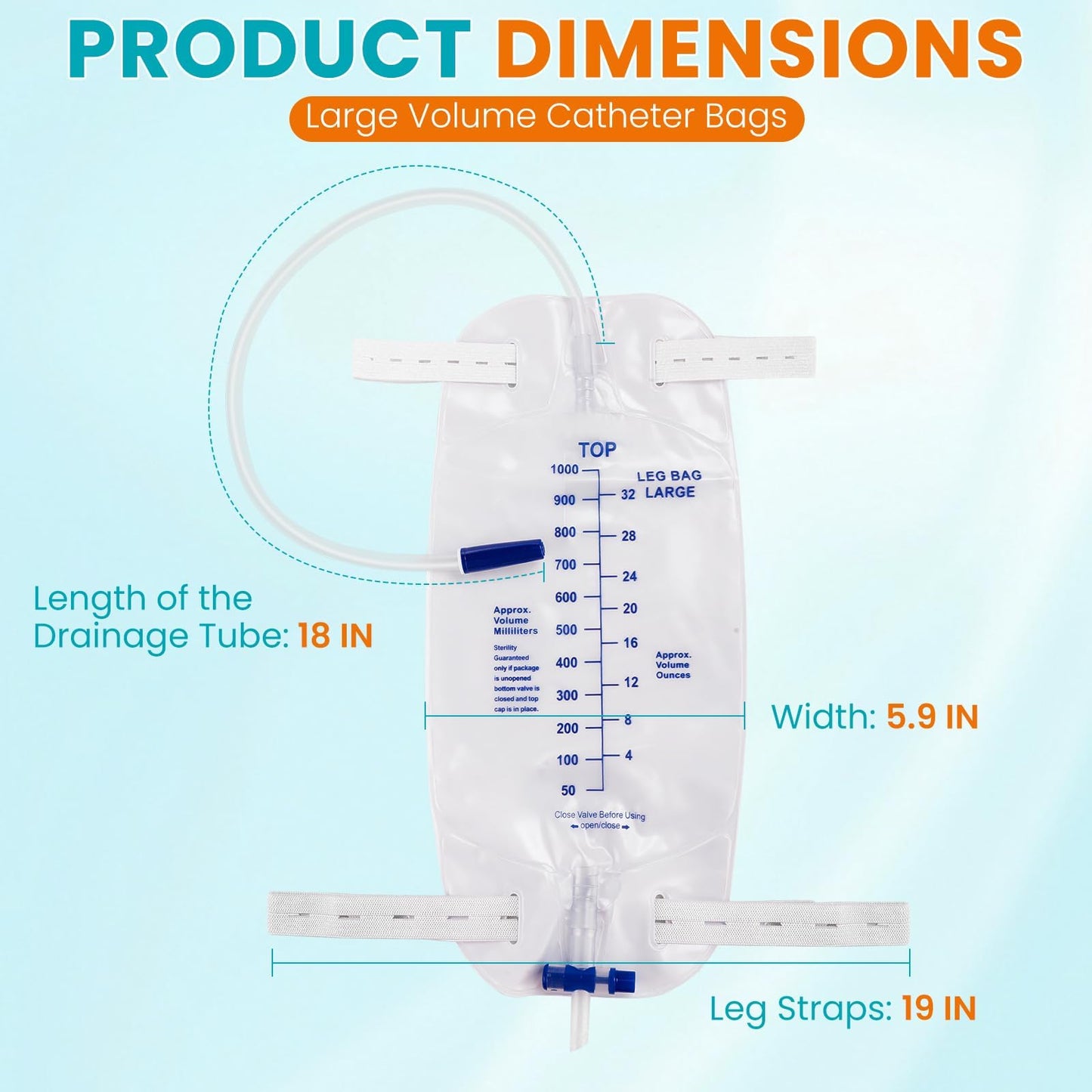 FURWEY 4-Pack Leg Bags, 1000mL, 18-inch Tubing with Anti-Reflux Valve, Sealed Separately & Single-Use, Anti-Slip Adjustable Elastic Leg Strap, One-Hand Drain Valve