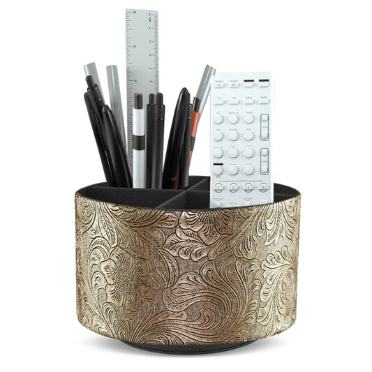 lizimandu Round Leather Art Supply Organizer,Remote Control Holder,360 Degree Spinning,Multi-Functional Pencil Holder,4 Compartments Desktop Stationary Organizer(1-Gold)