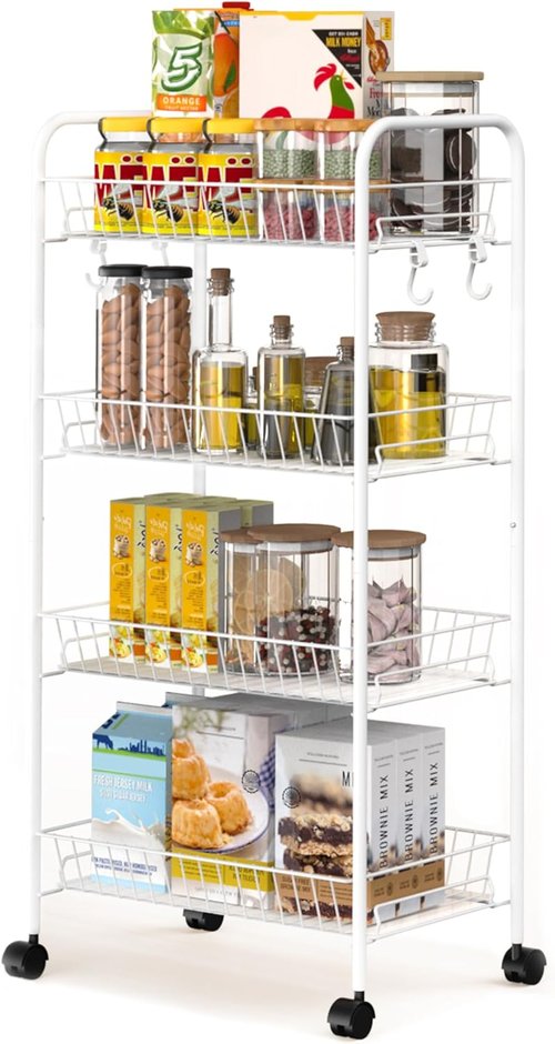 PLKOW 4-Tier Metal Rolling Utility Cart - Multi-Functional Lightweight Organizer with Wheels | White