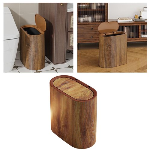 Bathroom Garbage Can with Lid, Plastic Wood Grain Finish Pattern Trashcans with Press Type Lid, Narrow Kitchen Trash Can, Durable & Space-Efficient Design, Hand-Press Lids Mechanism (Brown)