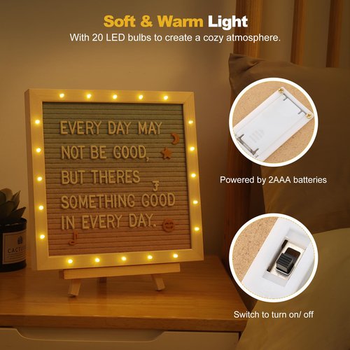Lewondr Felt Letter Board, 10"×10" Wooden Letter Board Sign, Changeable Message Board with 20 LED Lights & 340 Letters, Pregnancy Baby Announcement Sign, First School Day Board, Colorful