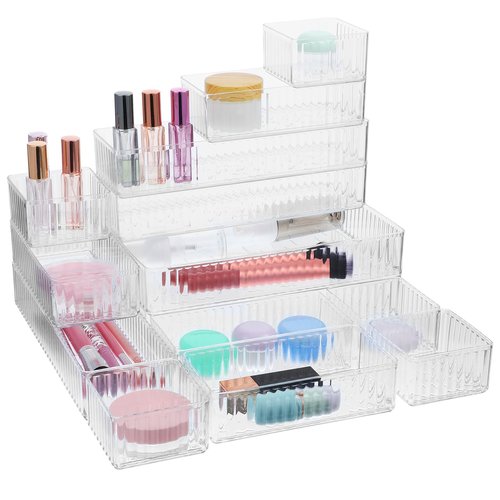18 PCS Clear Plastic Drawer Organizer Set 4 Large Size Versatile Kitchen and Bathroom Organizer Trays, Non-Slip Storage Bins for Makeup, Utensils, Tool and Office Desk