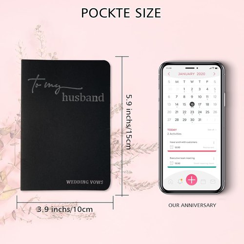 HANVOWS Wedding Vow Books - His and Hers with Silver Foil Lettering | 5.9"x3.9" Black and White Notebooks