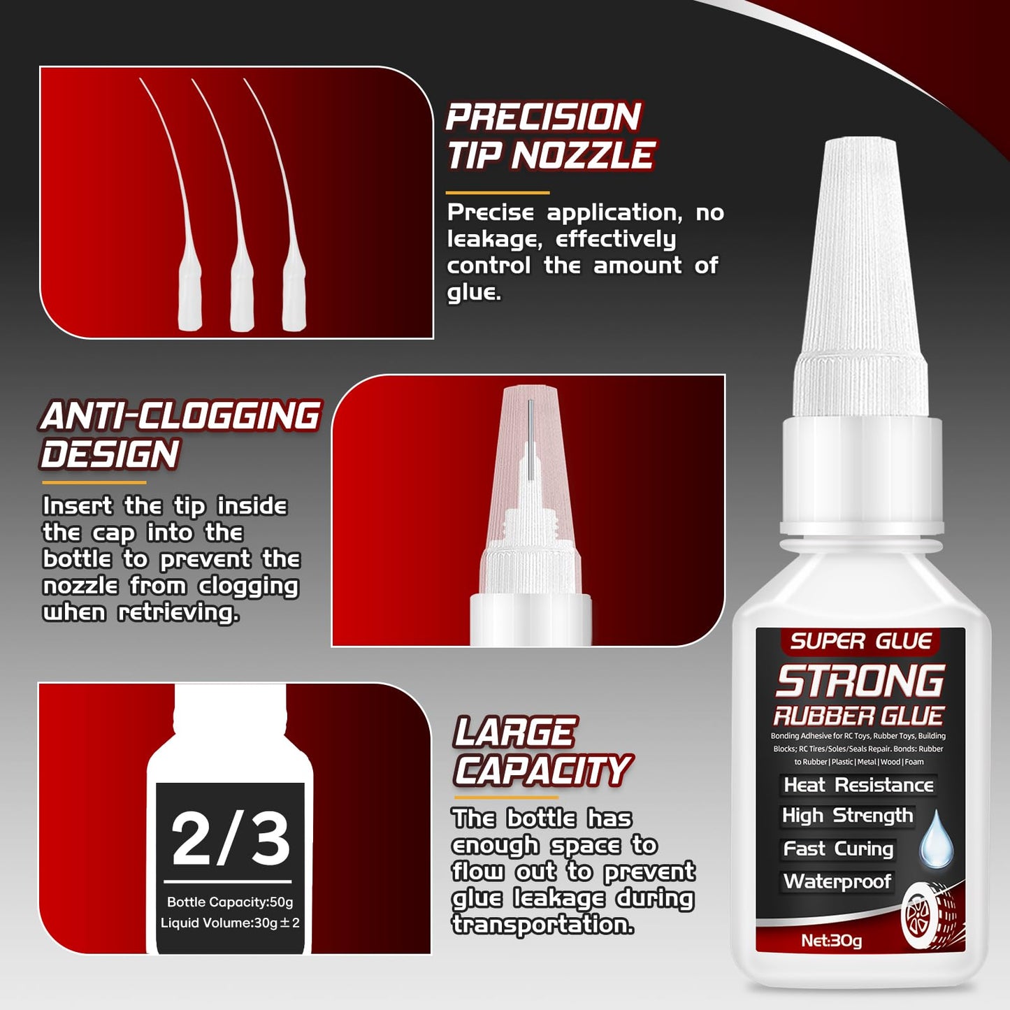 Rubber Glue, 30g Super Glue for Rubber, Tires, Seals, Gaskets, Shoe Soles, Hose, Tire Adhesive Heavy Duty, Waterproof, with Anti-Clog Cap, Heat-Resistant (with 3 Droppers)